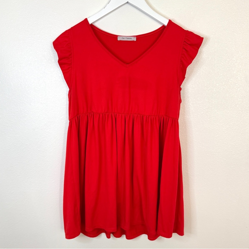 Woman’s Ces Femme Scarlet Flutter Sleeve V-neck Red Soft Blouse Size Large